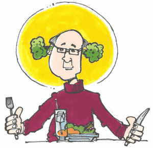 en mand med en tallerken mad og broccoli ud af ørerne