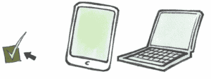 computer, tablet og et tjek mærke