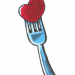 en gaffel med et hjerte på